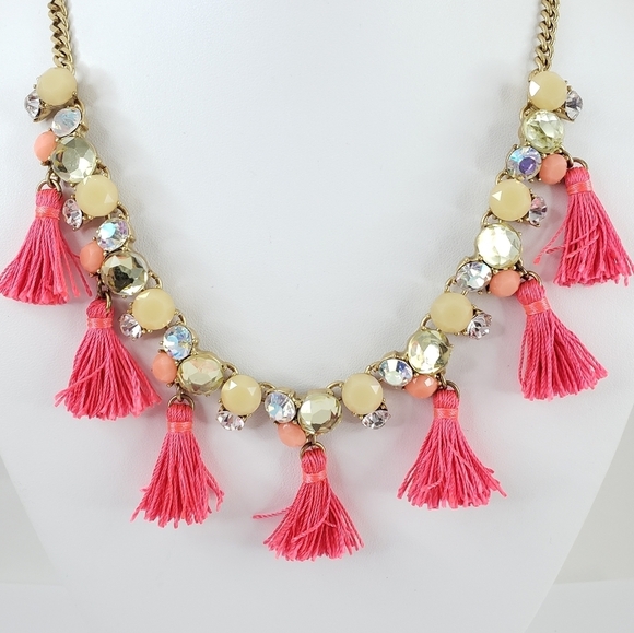 J. Crew necklace pink tassels aurora borealis rhinestones A0302 - Picture 6 of 11